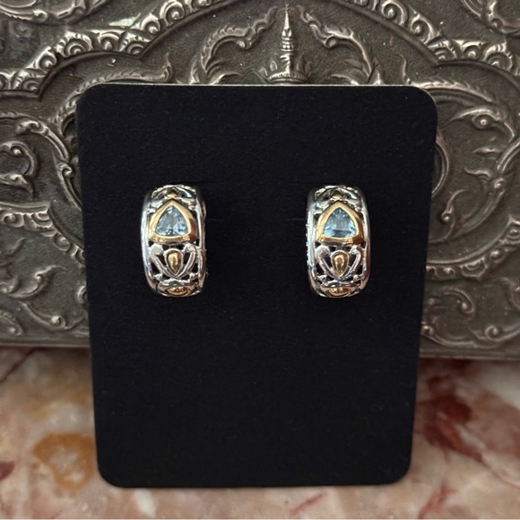 John Medeiros Blue Topaz Silver & Gold Tone Half Hoop Earrings; Omega Back; 11mm - Picture 1 of 12